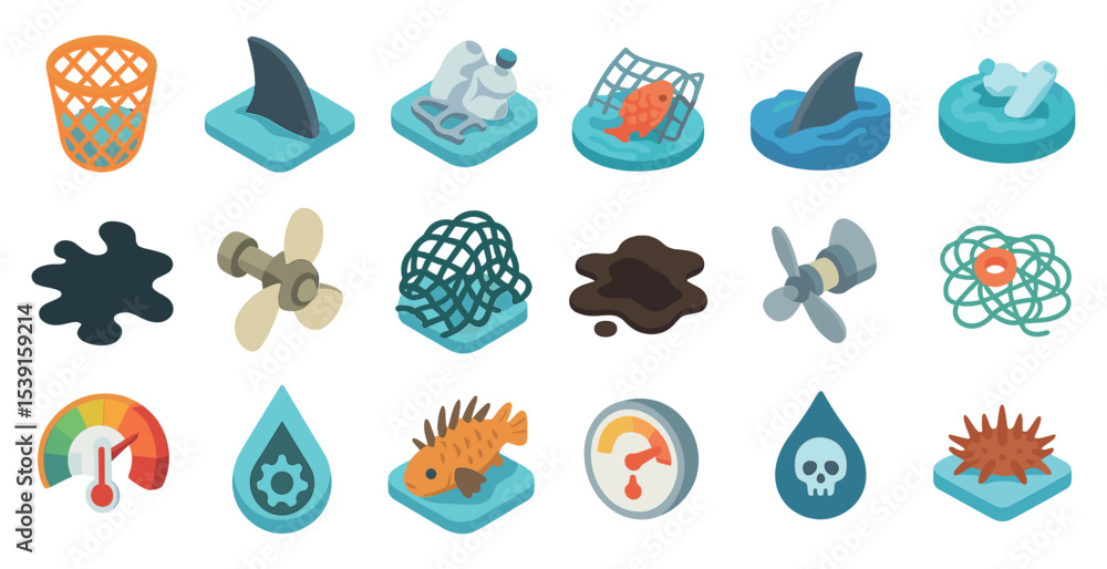 Obraz premium Environmental pollution icons set – isometric, waste, recycling and sustainability symbols