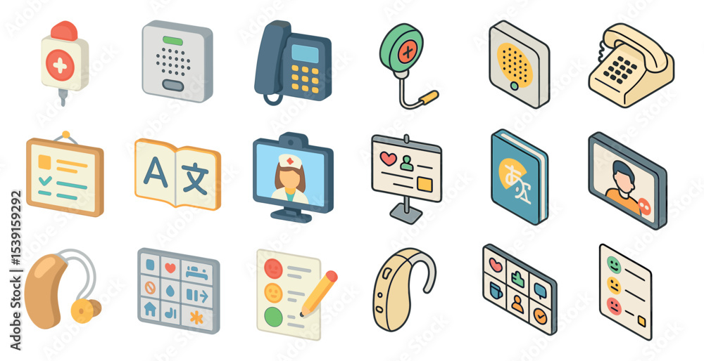 Healthcare and communication icons set – isometric, 3d, medical and phone symbols Healthcare and communication icons set – isometric, 3d, medical and phone symbols