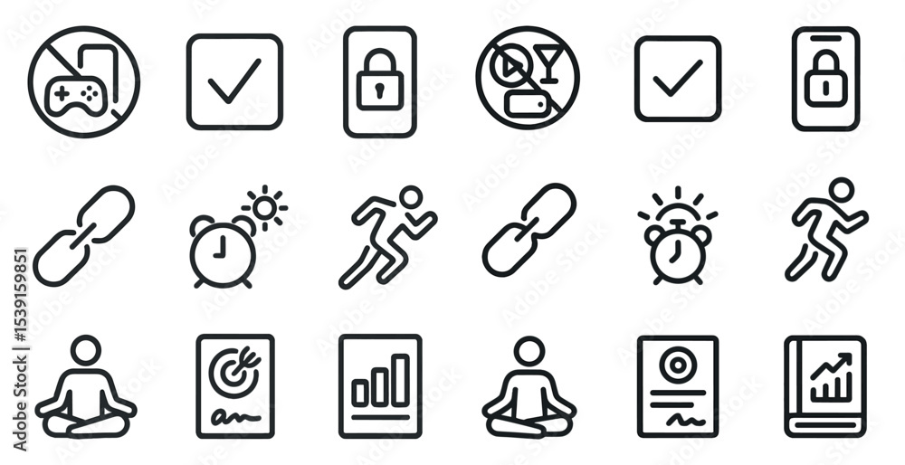 Productivity linear icons set – outline, task management, efficiency symbols Productivity linear icons set – outline, task management, efficiency symbols