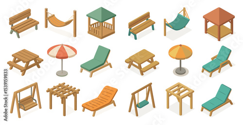 Outdoor furniture icons set – isometric, 3d, patio and garden decor graphics