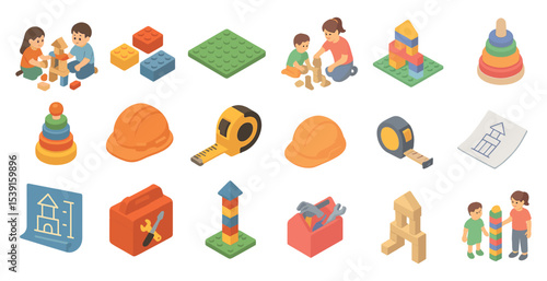 Construction and play isometric icons set – building, playful, creativity symbols