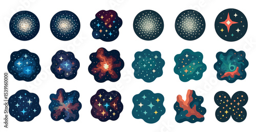 Galaxy and nebula icons set – flat, filled, cosmic and starry graphics