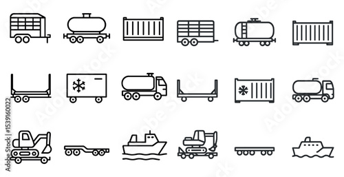 Transportation and haulage outline icons set – linear, logistics, cargo symbols