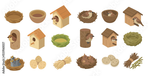 Bird's nest icons set – isometric style, avian habitat, egg and birdhouse symbols
