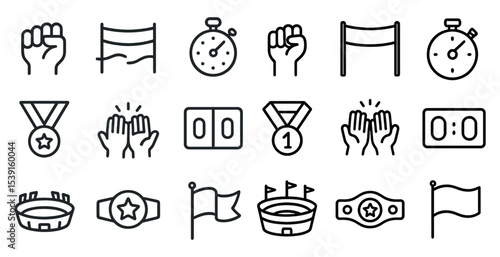 Sports and competition icons set – outline, linear, athletics and victory symbols