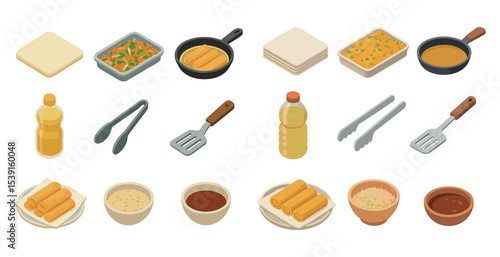 Cooking and recipe isometric icons set – kitchen, culinary and food preparation symbols