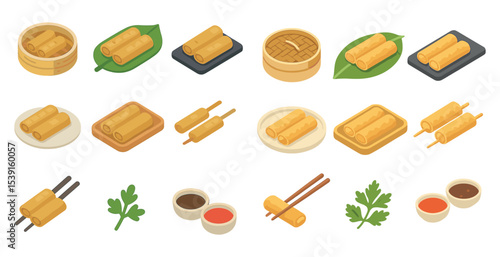 Dim sum isometric icons set – dumpling, cuisine, food and eating visuals