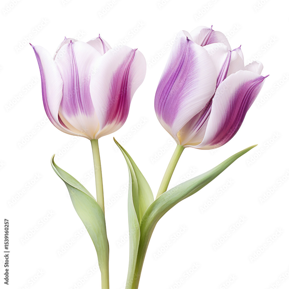 Naklejka premium Two beautiful tulips in white and purple against a black background close up