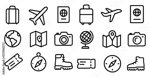 Travel and tourism outline icons set – linear, map, vacation and adventure symbols