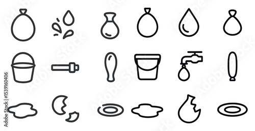 Water and liquid line icons set – outline, fluid, hydration and leak symbols