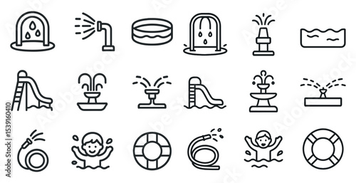 Water fun outline icons set – pool, splash, aquatic recreational symbols