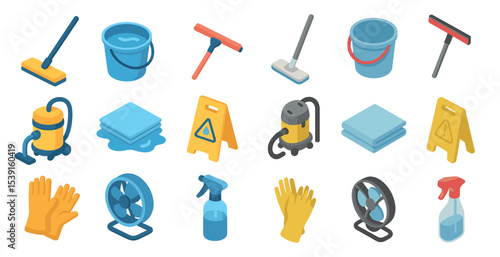 Cleaning equipment isometric icons set – flat, filled, janitorial and housekeeping symbols