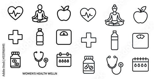 Women's health line icons set – fitness, wellness, medical symbols collection