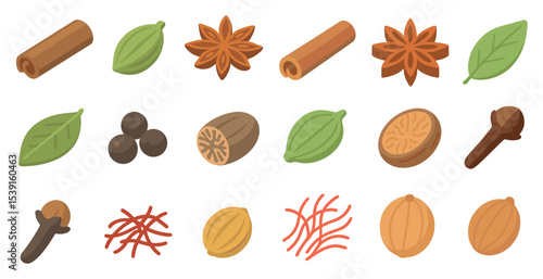 Spices and herbs icons set – flat, filled, culinary and cooking symbols