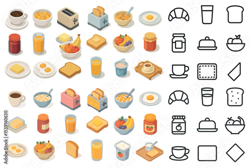 Breakfast and kitchen isometric icons set – flat, outline, cooking and dining symbols