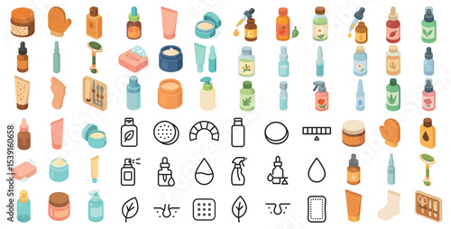 Beauty and skincare icons set – isometric, outline, cosmetic and self-care symbols