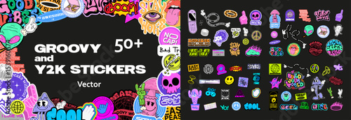 Playful retro Y2K stickers, lettering quotes, groovy cartoon characters. Colorful retro labels, 00s and 90s aesthetics. Lettering groovy, funny characters, elements. Vector graphic set Y2K stickers.