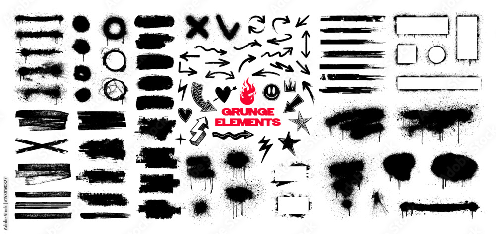 Decorative grunge set with brush lines, strokes, highlighters, graffiti spray stains, splatter marks, dirty texture, sketch, arrows and doodles. Callouts grunge with splashes. Vector graphic box