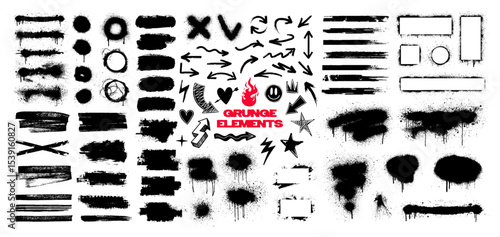 Decorative grunge set with brush lines, strokes, highlighters, graffiti spray stains, splatter marks, dirty texture, sketch, arrows and doodles. Callouts grunge with splashes. Vector graphic box