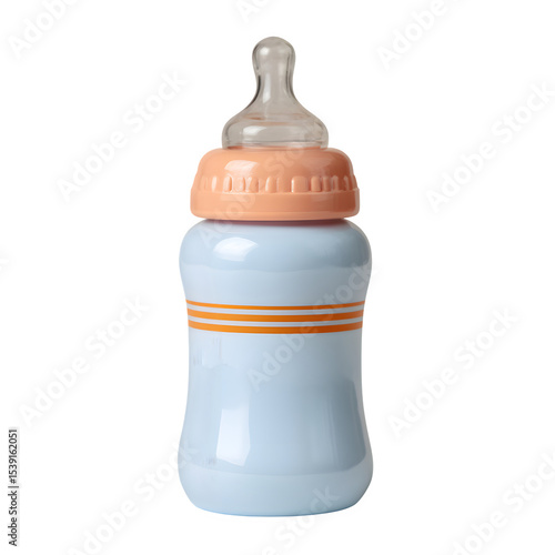 Baby bottle with orange and blue accents isolated on transparent background