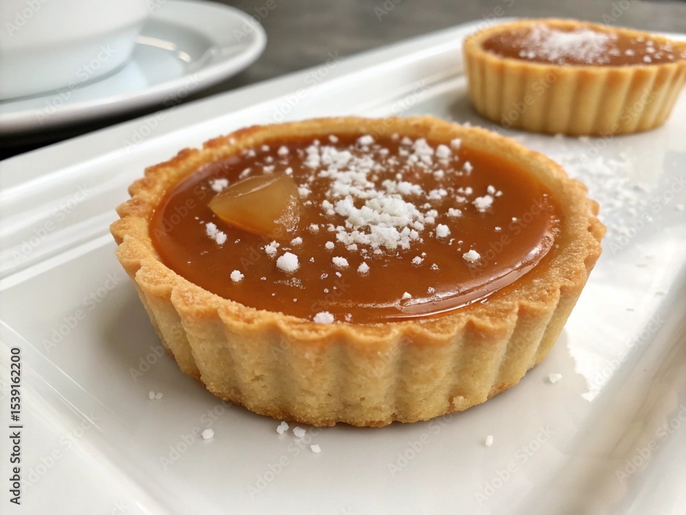 Delicious caramel tarts with flaky crusts and sea salt garnishing on a white plate Delicious caramel tarts with flaky crusts and sea salt garnishing on a white plate