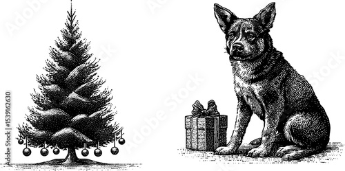Vintage Christmas tree outline, dog with Christmas gift for festive design