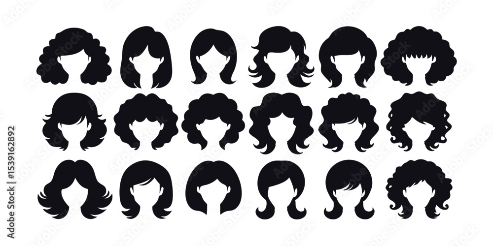 Naklejka premium vector collection of stylish female wig and hairstyle silhouettes. Includes short, long, straight, curly, wavy, and afro textures. Perfect for beauty, fashion, salon, and hair design projects.