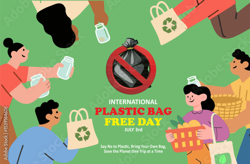 Illustration International Plastic Bag Free Day on July 3rd with a strong eco-friendly message. Colorful flat illustration of diverse people using reusable bags and glass jars around a banned plastic 