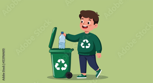 Boy recycling plastic bottle into a green recycling bin