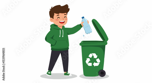 Young boy recycling plastic bottle into green recycling bin