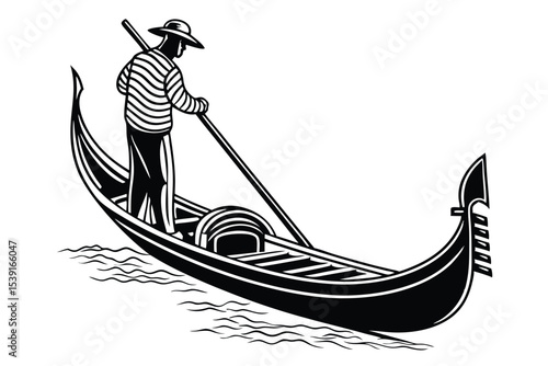 Monochrome Illustration of a Gondolier Steering a Gondola through Water Depicting Traditional Venetian Culture and Maritime Heritage