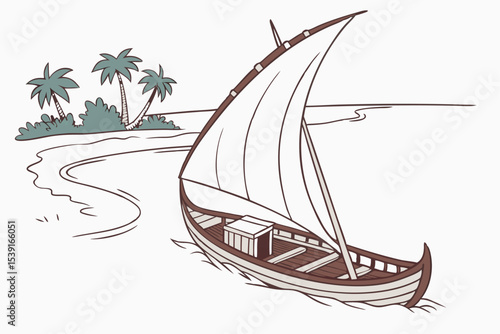 Hand Drawn Boat Sailing Through Tropical Waters Surrounded by Palm Trees on a Sunny Day in a Minimalist Style