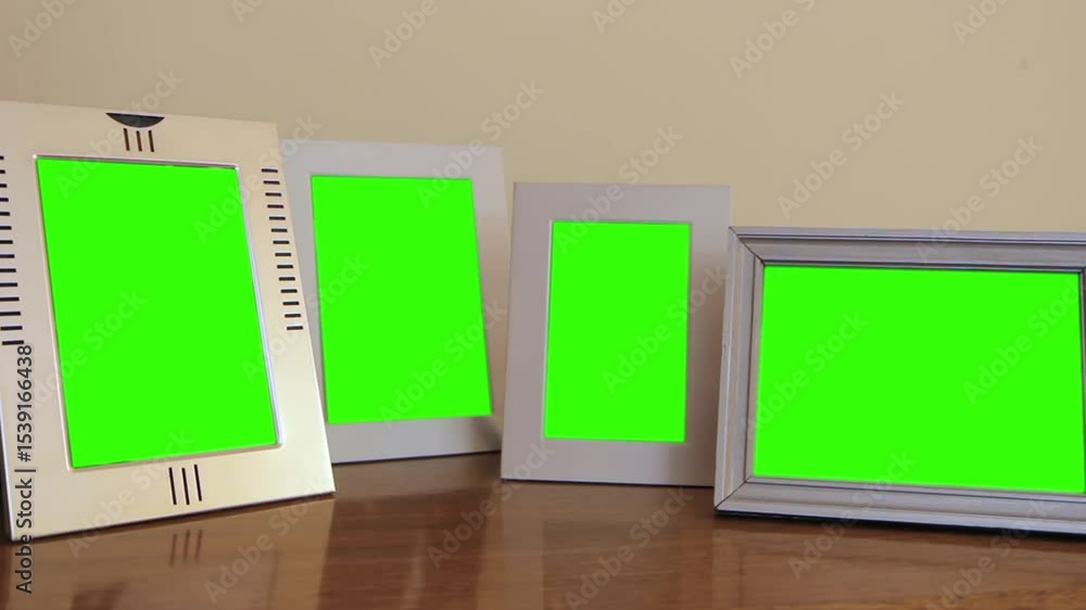 Four White Picture Frames With Green Screen on Shelf in Living Room - Close Up Four White Picture Frames With Green Screen on Shelf in Living Room - Close Up