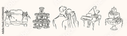 Hand drawn wedding celebration moments. Champagne, couple, getaway car for ceremony cards, menus, romantic event branding. Elegant ink sketch style.