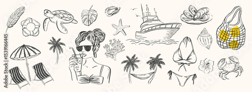 Whimsical Italian summer illustration set. Hand-drawn vector elements inspired by Amalfi coast life — beach, sea, boats, fruits, fashion. Perfect for seaside wedding, picnic, party invitations.