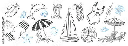 Hand-drawn vector collection of summer vacation elements inspired by the Italian coast. Includes beachwear, cocktails, yachts, and tropical fruits. Perfect for picnic invites, sea party prints