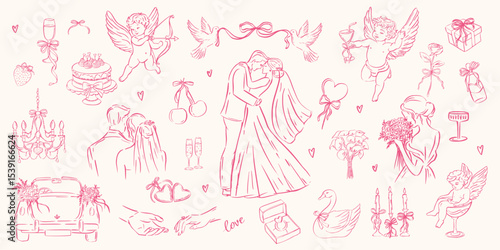 Hand drawn whimsical wedding and love doodles. Cupids, gifts, bride and groom, doves, swans, rings for bridal stationery, party prints. Romantic pink sketch style.