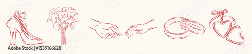 Hand drawn ink wedding details set. Romantic couple hands, rings, bouquet, shoes, love hearts for invitations, stationery, bridal decor. Whimsical elegant line art.