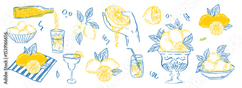 Hand drawn Italian limoncello, fresh lemons, juice squeeze, summer drinks, bowl fruits. Whimsical Mediterranean sketch set for summer branding, party decor, wedding prints.