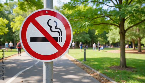 No smoking sign in park surrounded by trees on sunny day  