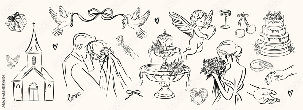 Fototapeta premium Hand drawn ink wedding celebration set. Couple, church, cake, doves, cupid, bouquet, wine glass for invitations, romantic love branding. Elegant whimsical vintage sketch style.