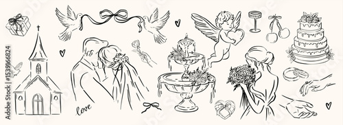Hand drawn ink wedding celebration set. Couple, church, cake, doves, cupid, bouquet, wine glass for invitations, romantic love branding. Elegant whimsical vintage sketch style.