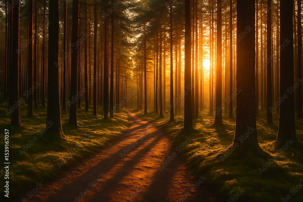 Naklejka premium Pine Forest Trail Bathed in Sunset Light