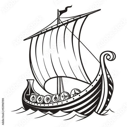 Monochrome Viking Ship Illustration A Bold Depiction of Norse Maritime History and Adventure on the Open Seas with Shields