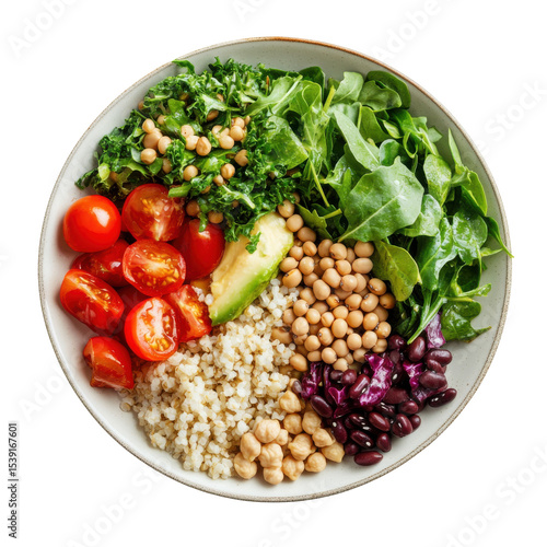 Fresh and Colorful Vegan Salad Bowl with Quinoa, Avocado, and Mixed Greens for a Healthy Meal on transparent background