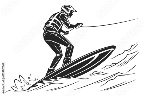 Monochromatic Illustration of a Wakeboarder Gliding on Water with a Rope in Hand Displaying Aquatic Sport