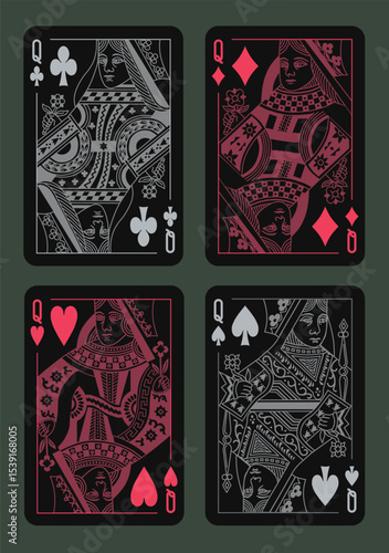 Queen Spades, Hearts, Diamonds, Clubs suits. Vector playing poker cards.