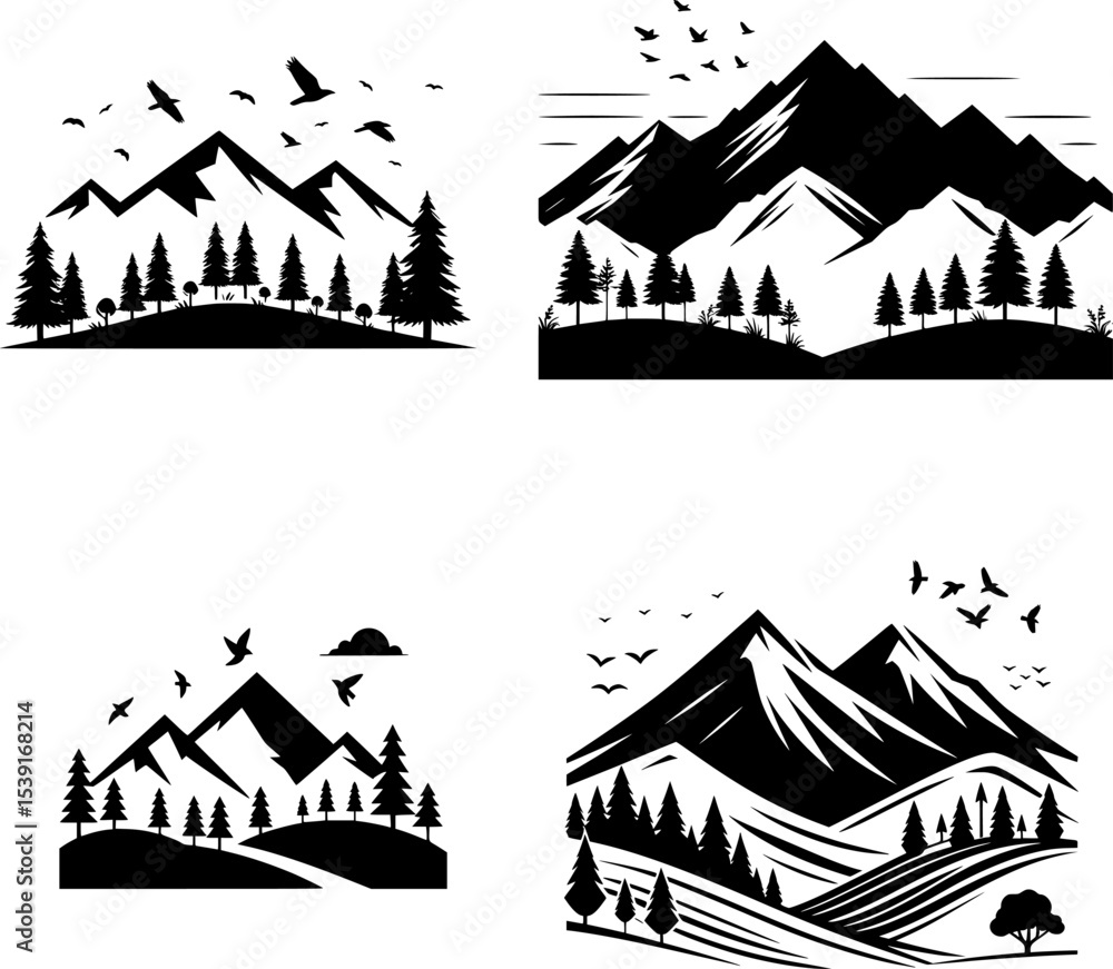 Fototapeta premium set of minimal black and white mountain silhouette with trees and birds, bold lines, ideal for outdoor design.
