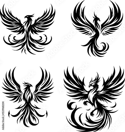 set of fierce black and white phoenix with sharp lines and spread wings, perfect for tattoos or fantasy art.