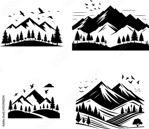 set of minimal black and white mountain silhouette with trees and birds, bold lines, ideal for outdoor design.